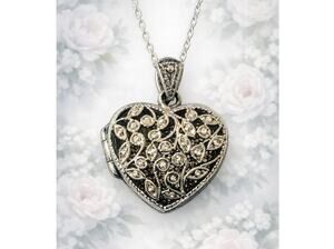 925 Sterling Silver Puffy Heart Locket Necklace Ornate Filigree 18 Inch Chain